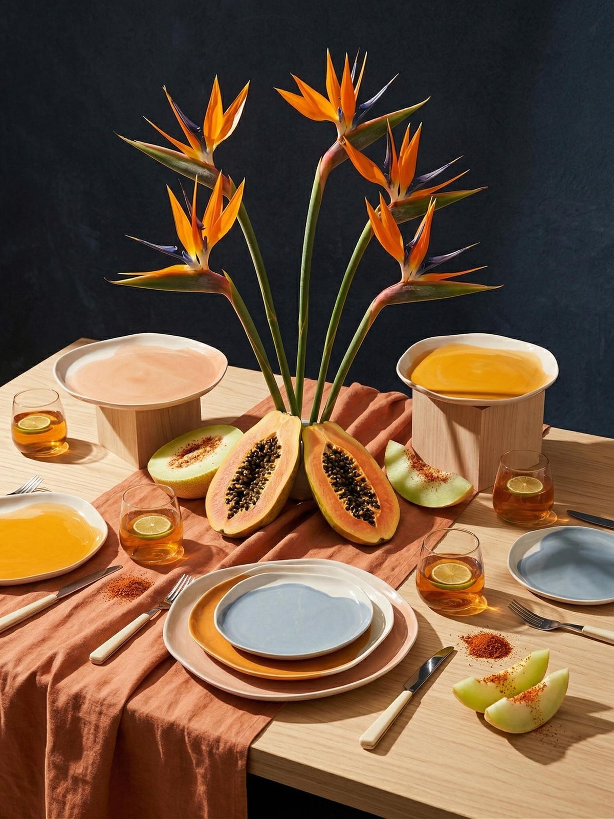 Table set with handmade ceramic plates and bowls in terracotta and blue glazes, papaya and bird of paradise flowers