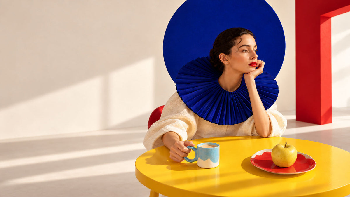 Woman in a blue pleated collar at a sunlit yellow table with a sky-blue BAUHAUS cup and a golden apple on a red plate