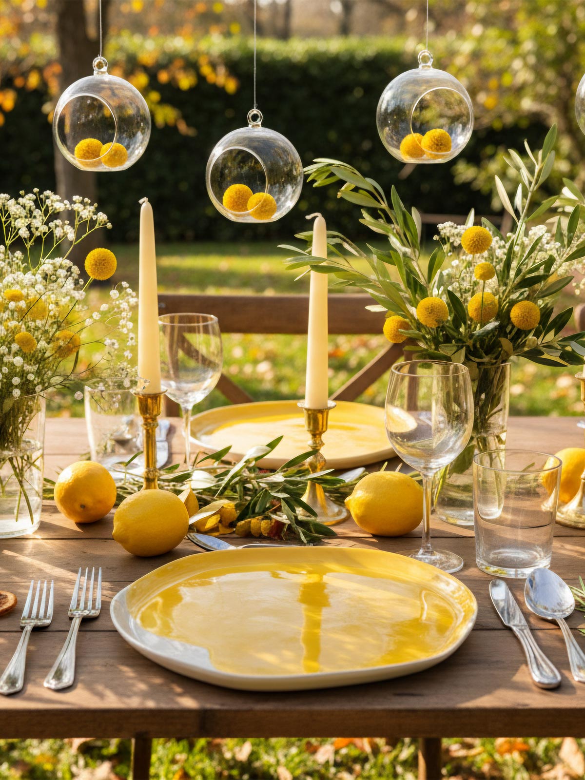 Garden table set with Cadmium Yellow handmade porcelain plates, lemons and candles in golden light