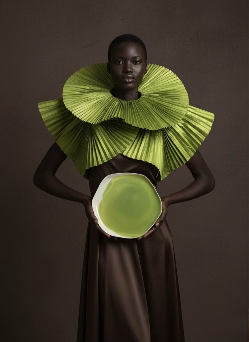 Model holding a handmade porcelain plate in Electric Matcha glaze, wearing a pleated green collar