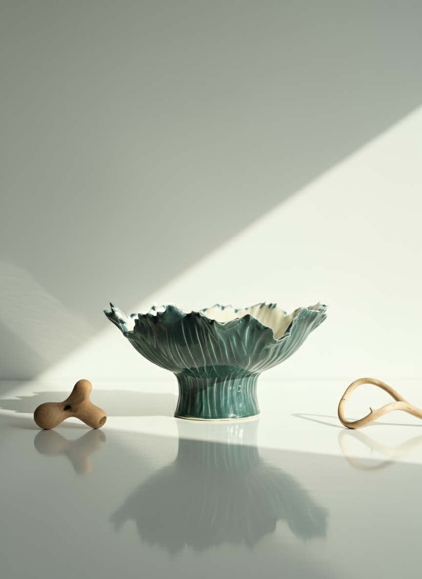 Petrol-green pedestal bowl with sculptural folds in sunlight