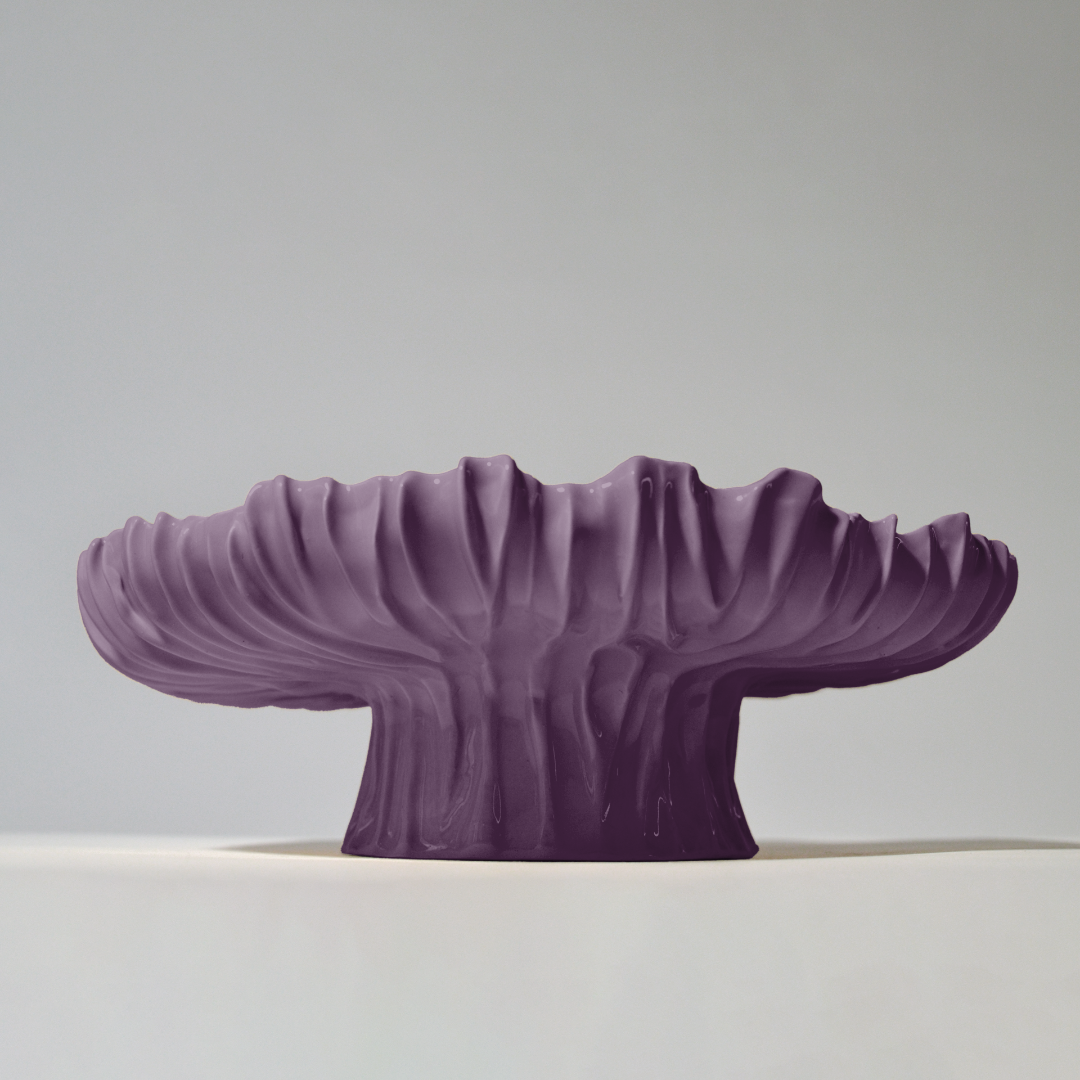 Aubergine Blossom cake stand with a fluted top and sculptural pedestal