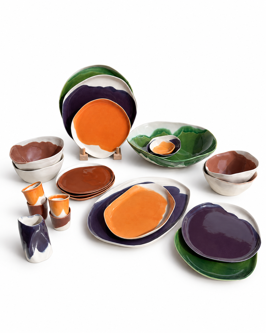 Autumn Table plates and serving pieces in Moss Green, Aubergine, Saffron and Chocolate