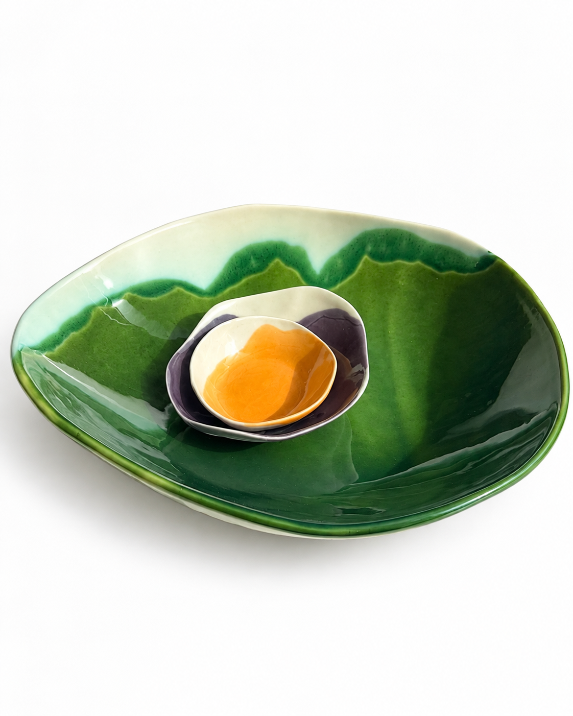 Moss Green ceramic salad bowl with small Saffron and ivory dip bowls