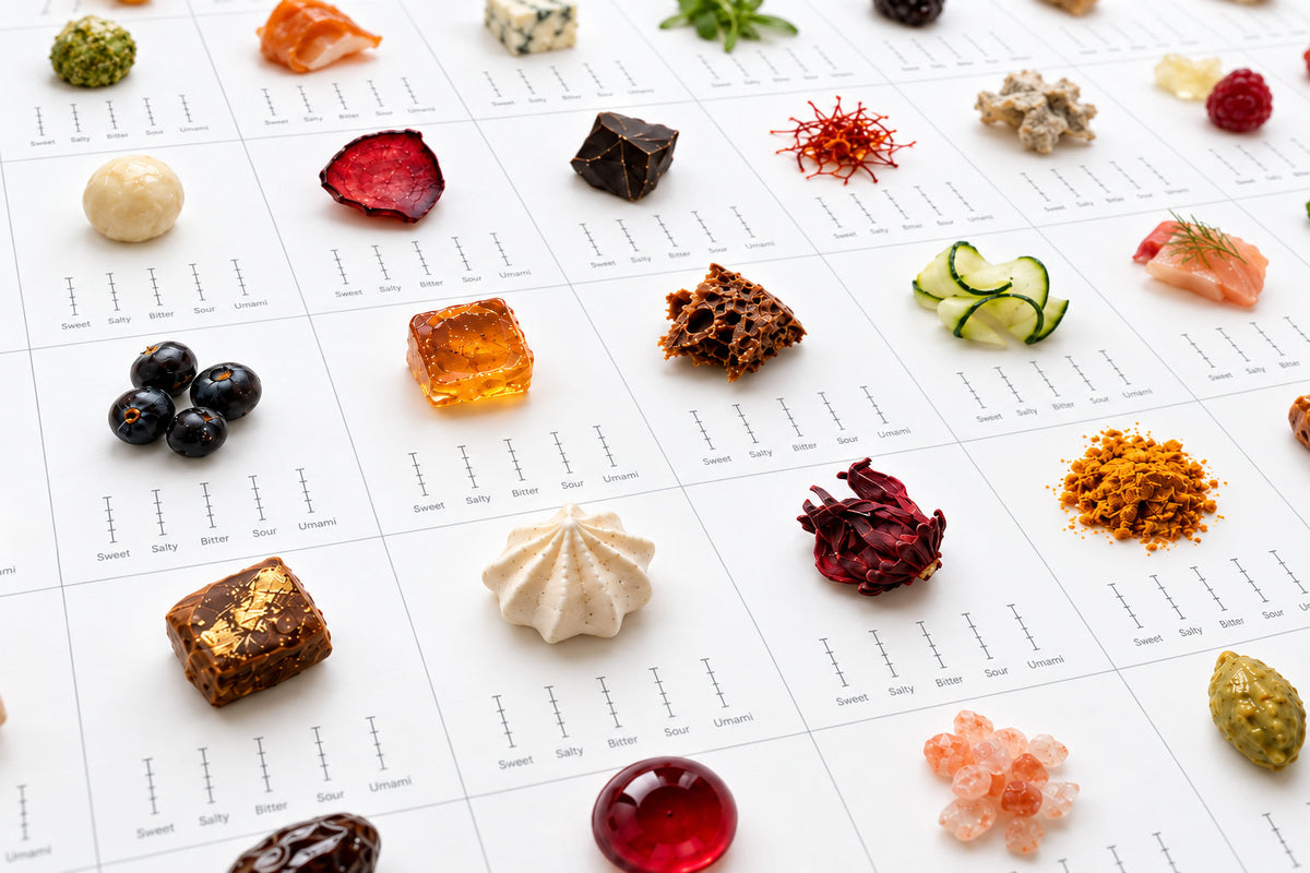 Sensory tasting grid with sixteen different bites and flavour scales for The Visual Language of Taste