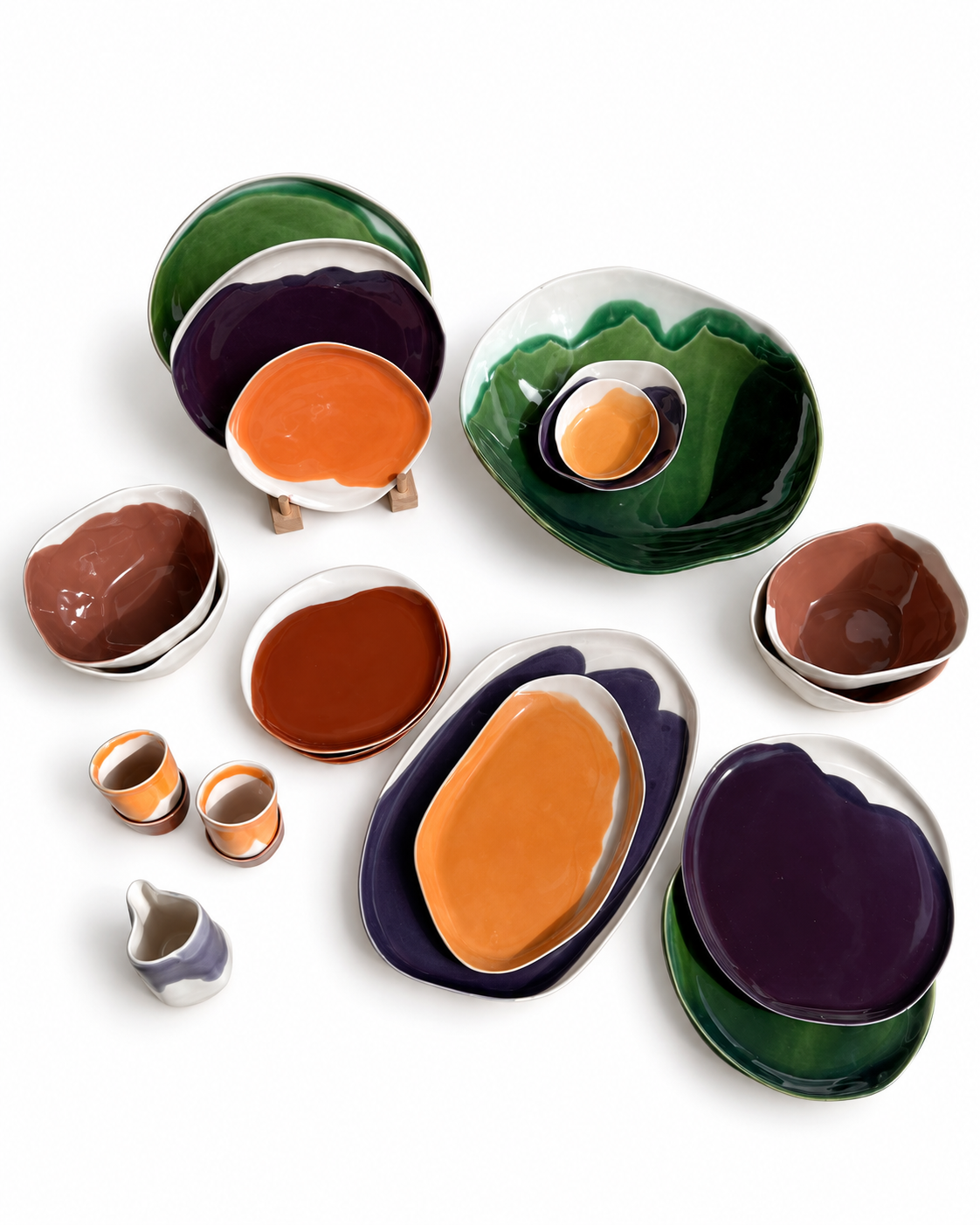 Handmade Autumn Table plates and serving pieces; coffee accessories and individual bowls not included