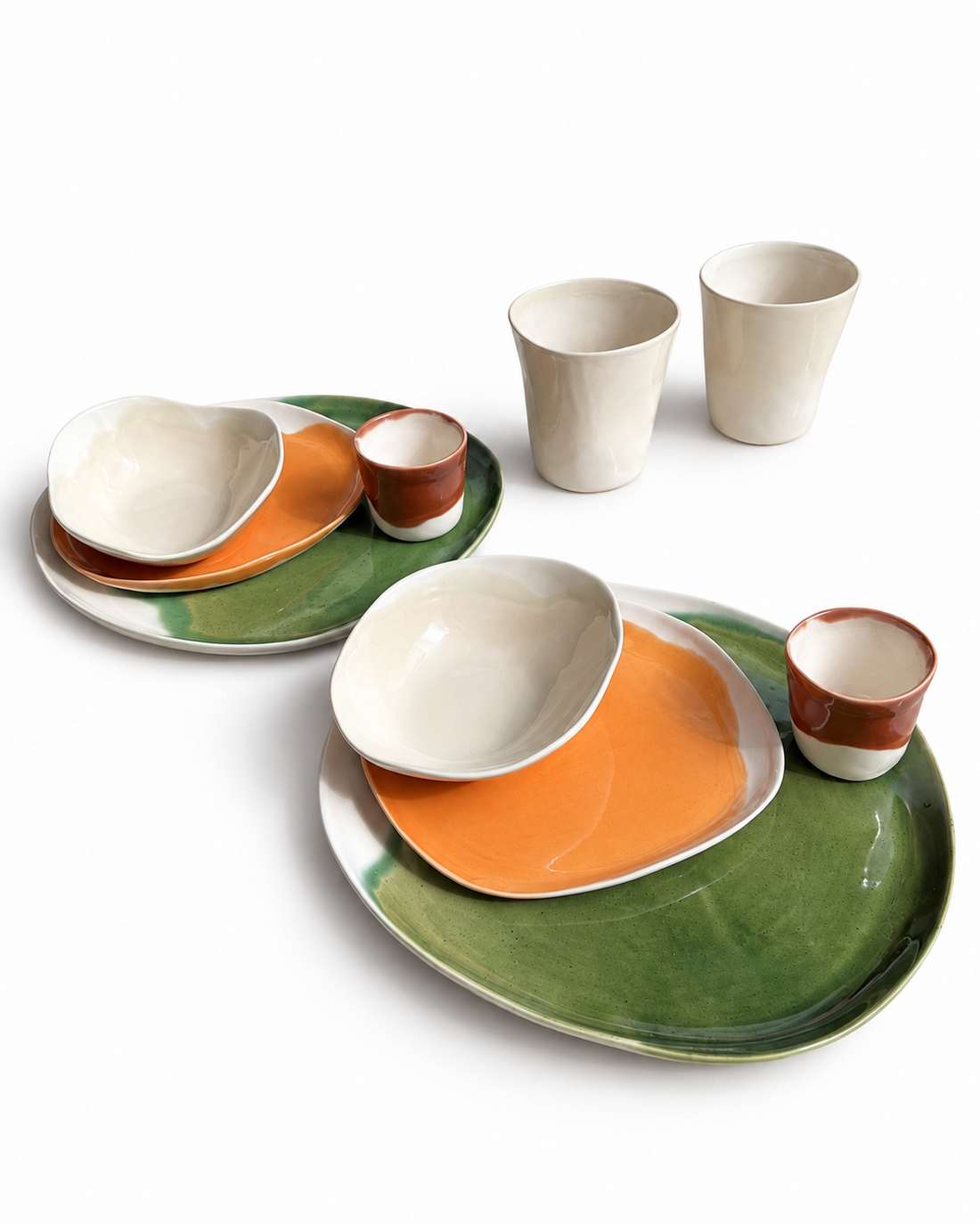 Autumn / Winter handmade dinner set for two — ten pieces in olive green, orange, terracotta and ivory