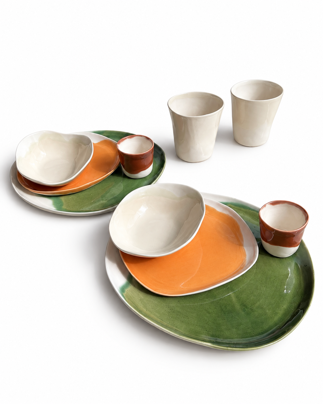 Autumn / Winter handmade dinner set for two — ten pieces in olive green, orange, terracotta and ivory