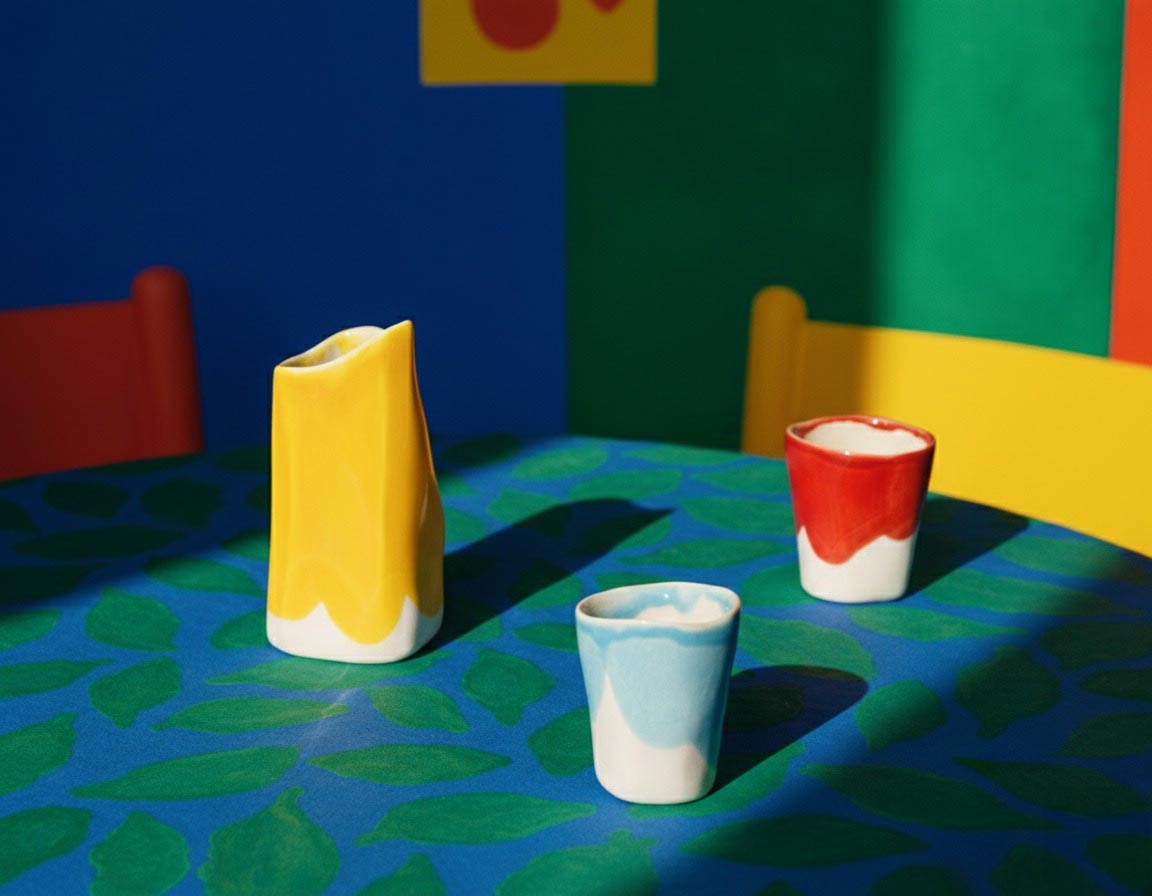Bauhaus Coffee Set: yellow jug and two cups with red and blue glaze on a colourful table