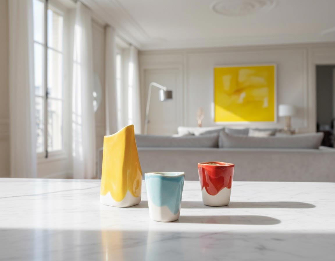 Bauhaus Coffee Set with yellow jug and two glazed cups on a marble table in a bright room