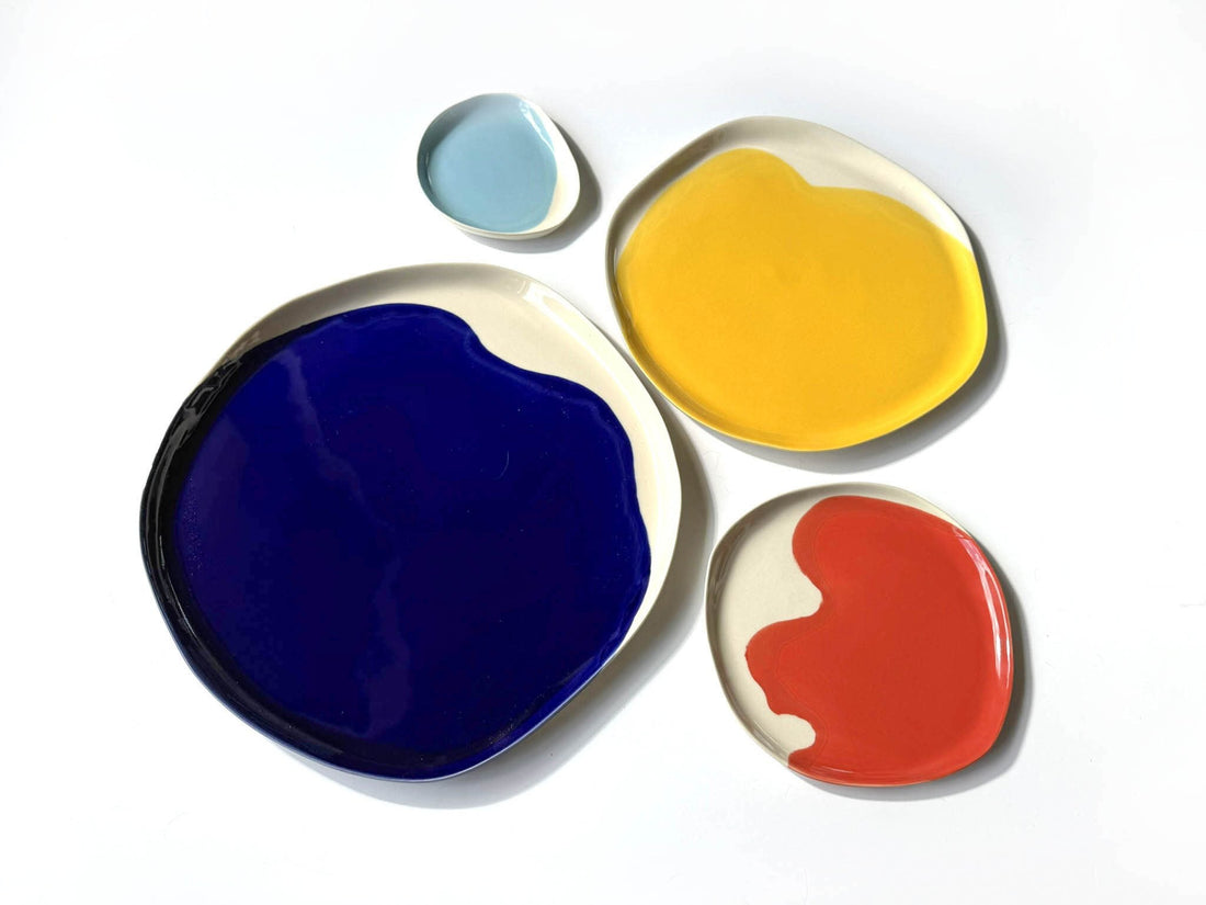 Bauhaus Plates Set in Royal Blue, yellow, sky blue and red glaze on white