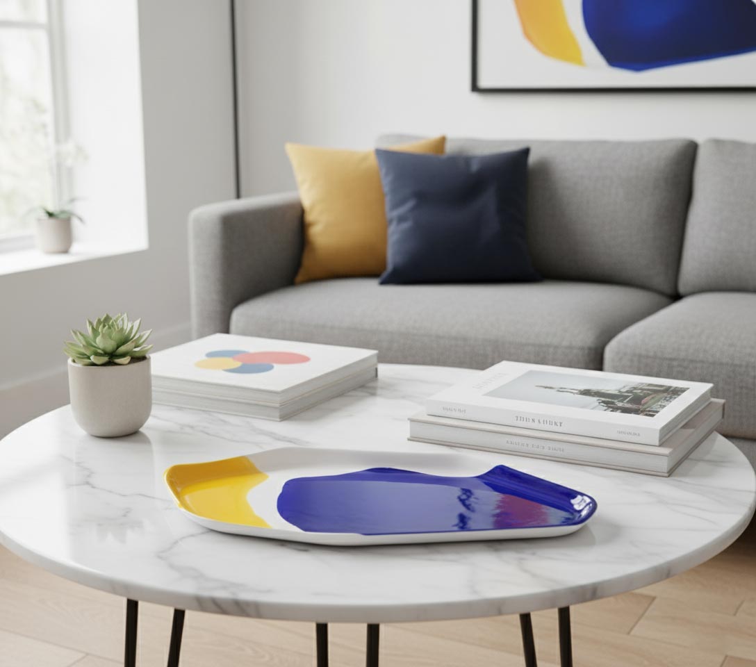 Bauhaus Serving Tray in yellow and royal blue glaze on a marble coffee table in a living room