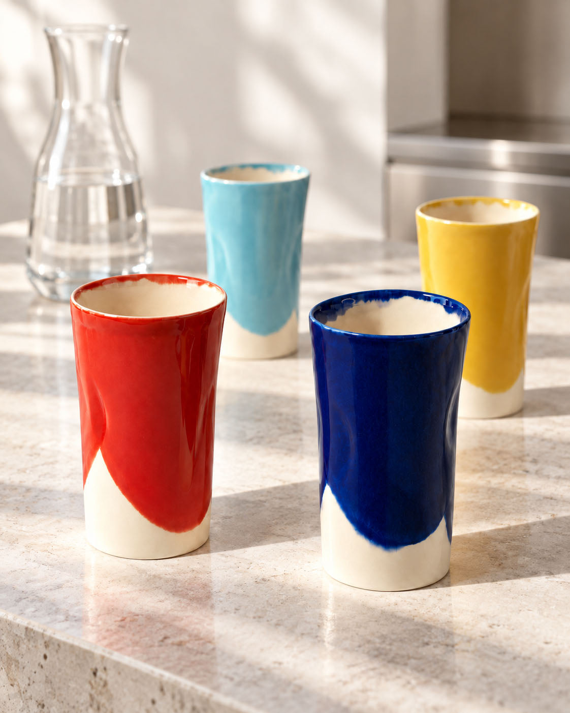 Four colourful BAUHAUS ceramic tumblers on a pale stone counter beside a glass water carafe
