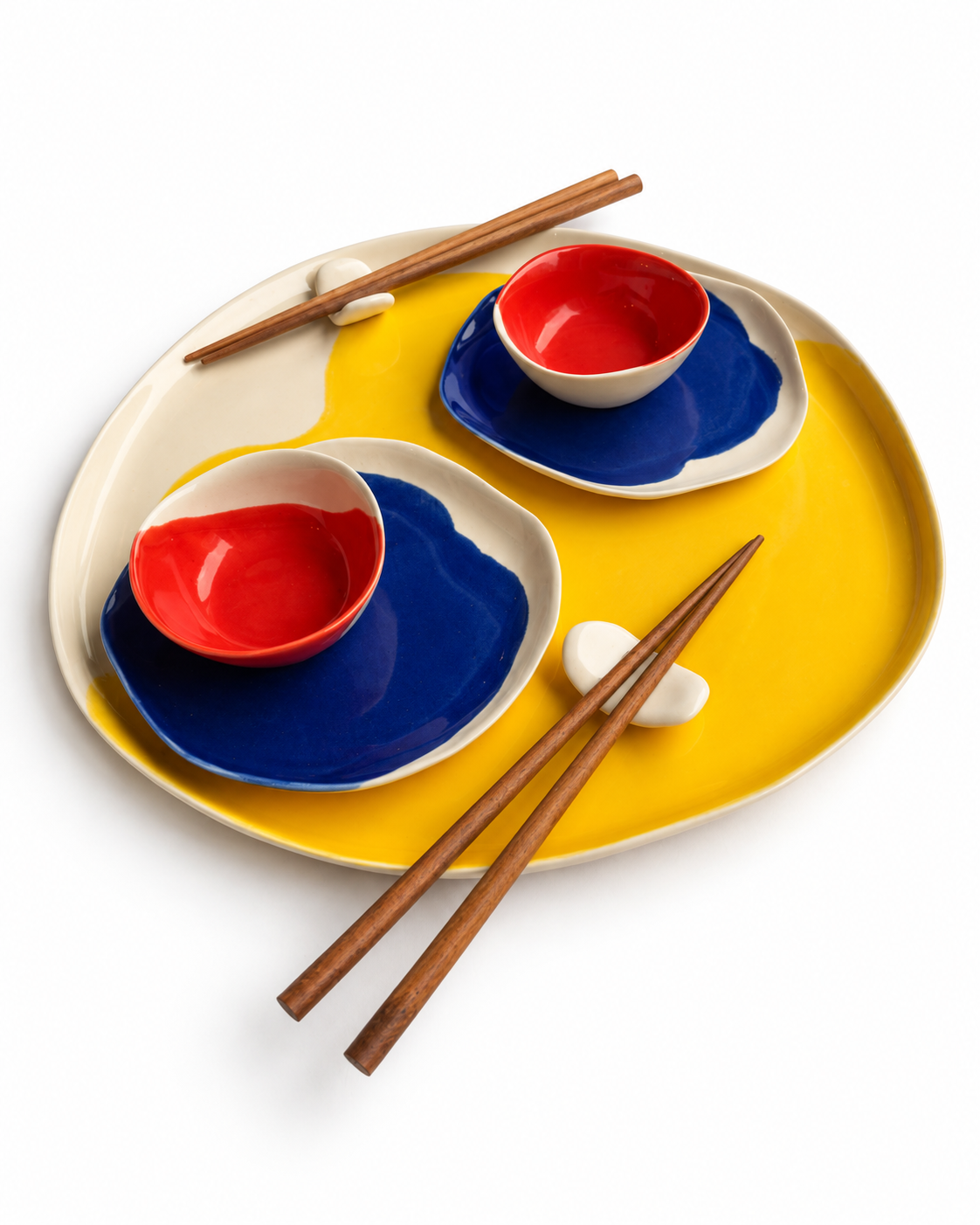 Bauhaus handmade ceramic sushi set for two with a 32 cm cadmium yellow serving plate, 16 cm ultramarine plates, scarlet red dip bowls and ceramic chopstick rests – view 2