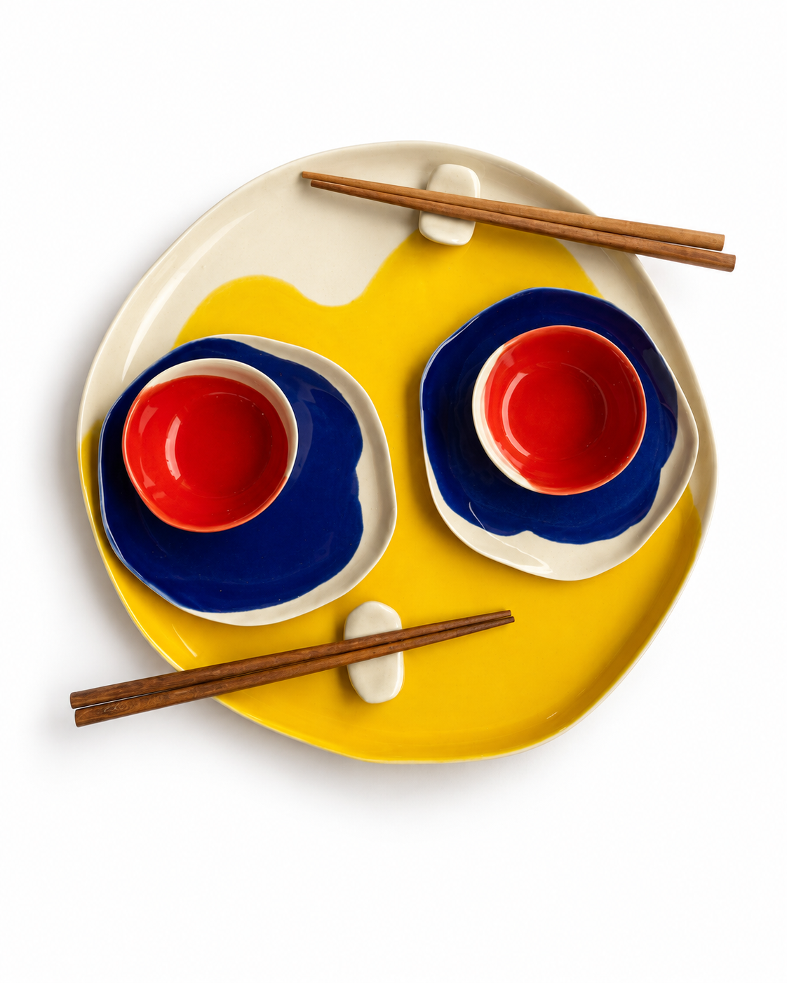 Bauhaus handmade ceramic sushi set for two with a 32 cm cadmium yellow serving plate, 16 cm ultramarine plates, scarlet red dip bowls and ceramic chopstick rests – view 6