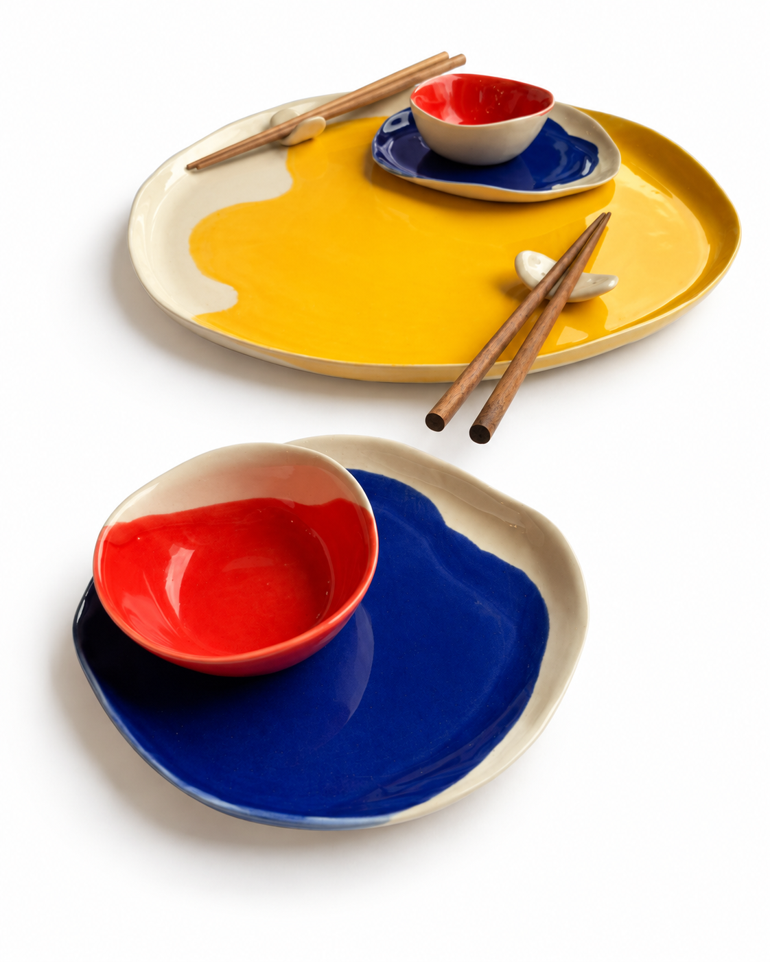 Bauhaus handmade ceramic sushi set for two with a 32 cm cadmium yellow serving plate, 16 cm ultramarine plates, scarlet red dip bowls and ceramic chopstick rests – view 8