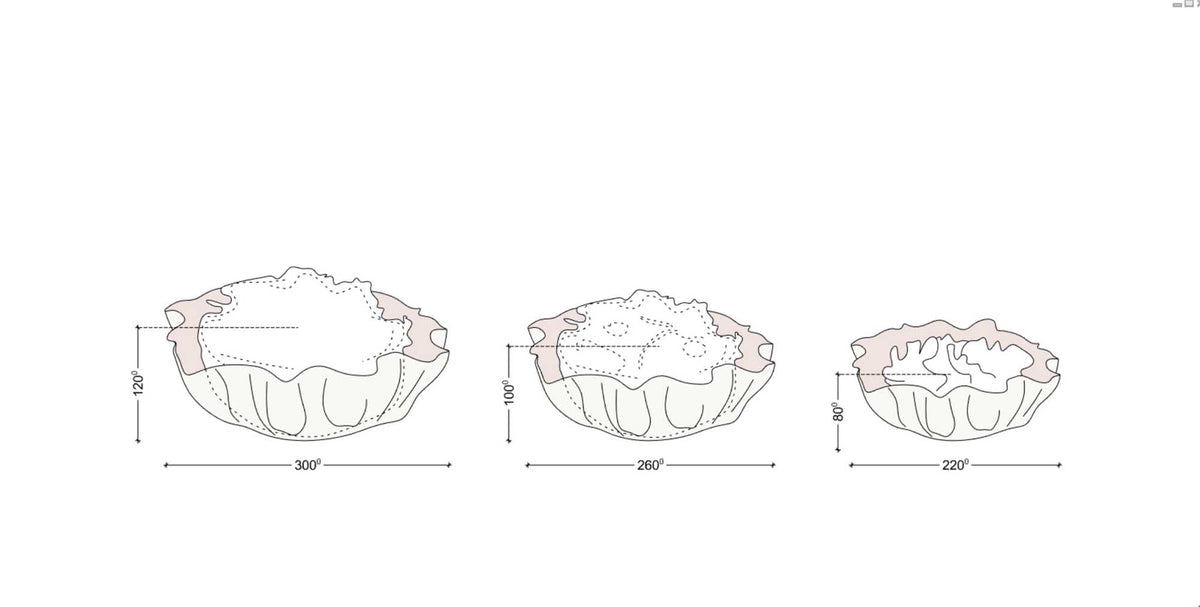 Dimension drawing of the Blossom bowl with copper rim in three sizes