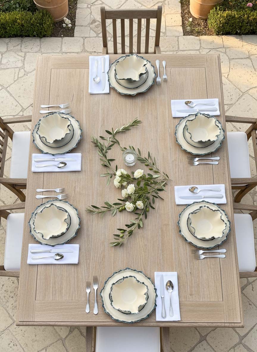 Overhead view of an outdoor table set with ivory Blossom ceramic place settings