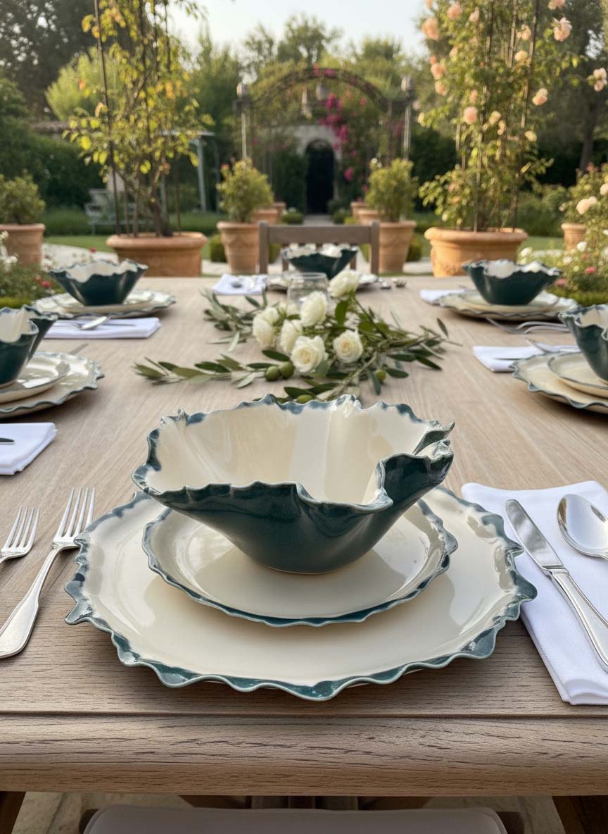 Green-and-ivory Blossom bowl and plates arranged on an outdoor dining table