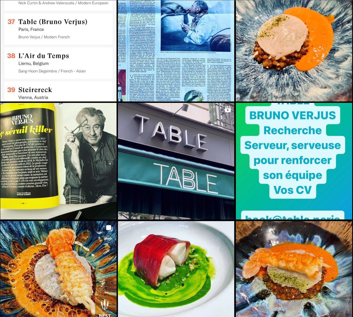 Collage of Chef Bruno Verjus, Table restaurant in Paris and fine dining dishes on handmade plates