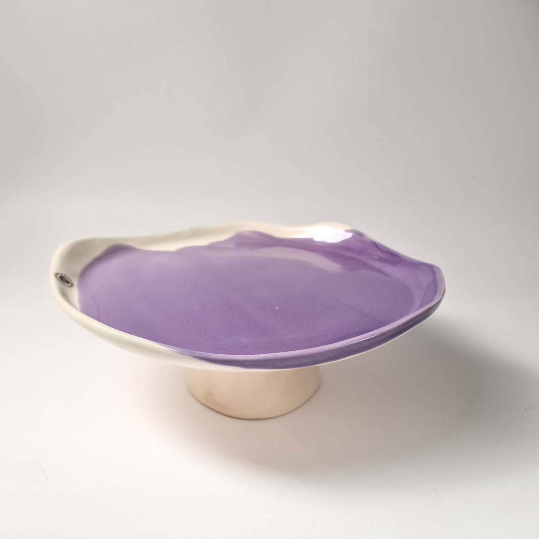Handmade porcelain cake stand with a Lavender glazed top and white pedestal base