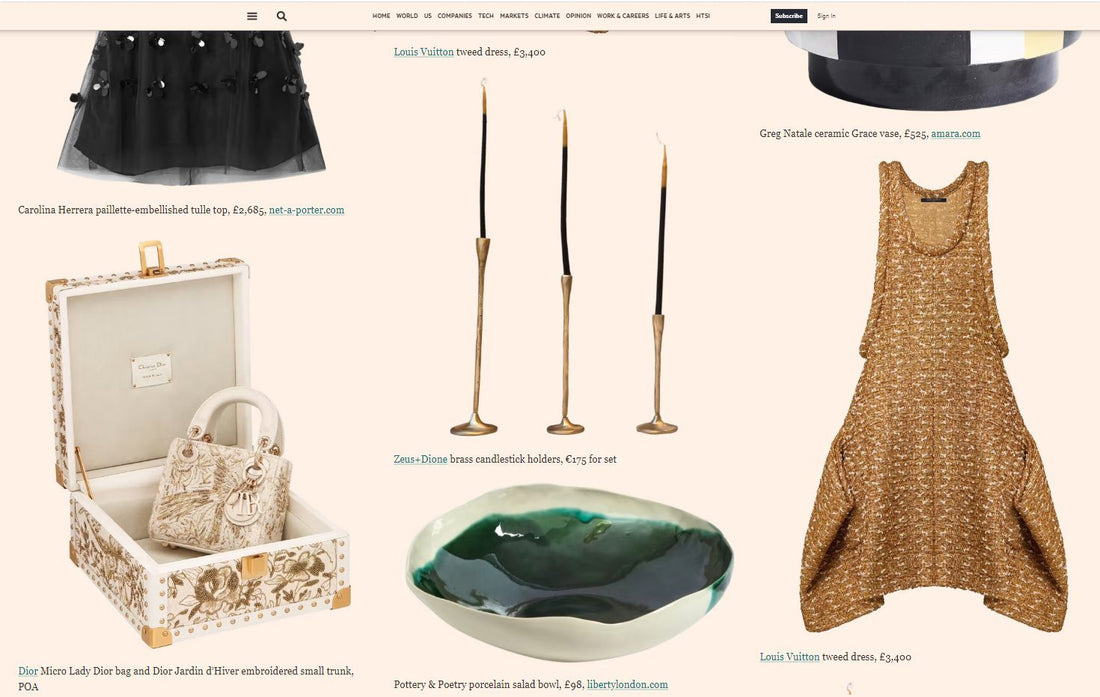 Magazine gift guide page featuring a Forest Green handmade porcelain bowl among fashion items