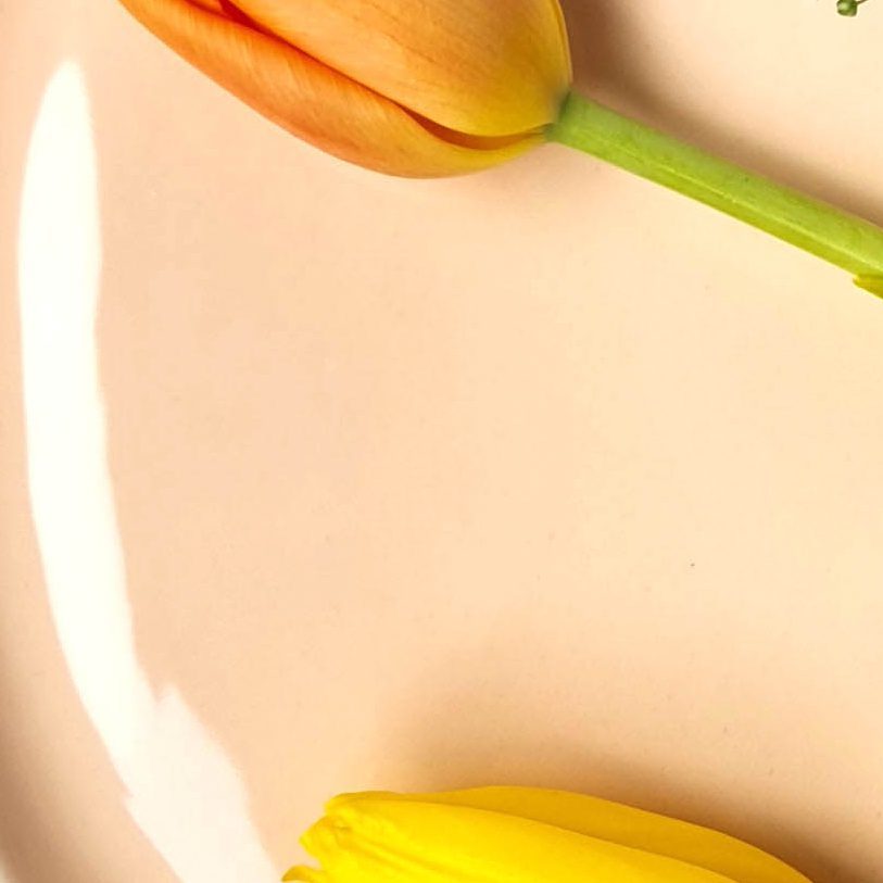 Milky Pink glossy glaze sample on handmade porcelain with orange and yellow tulips
