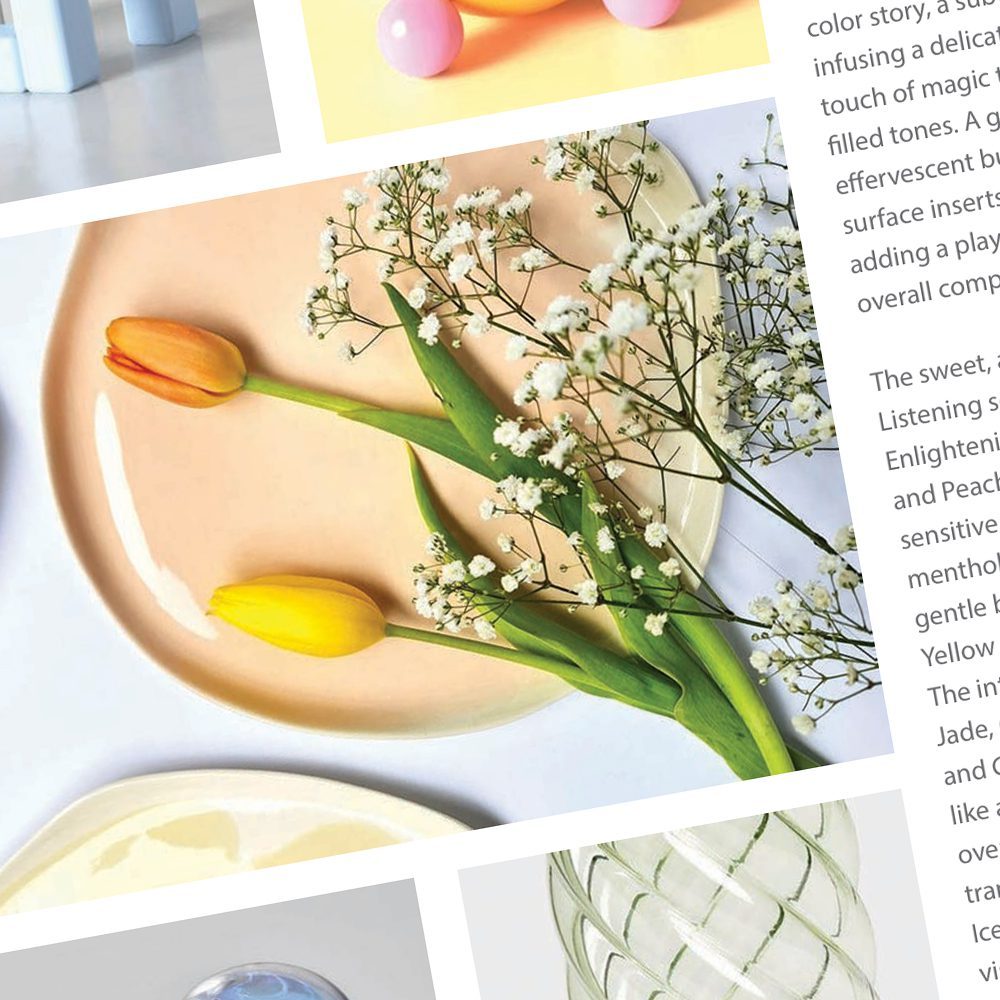 Pantone View book page with peach glazed porcelain plate, tulips and baby's breath flowers