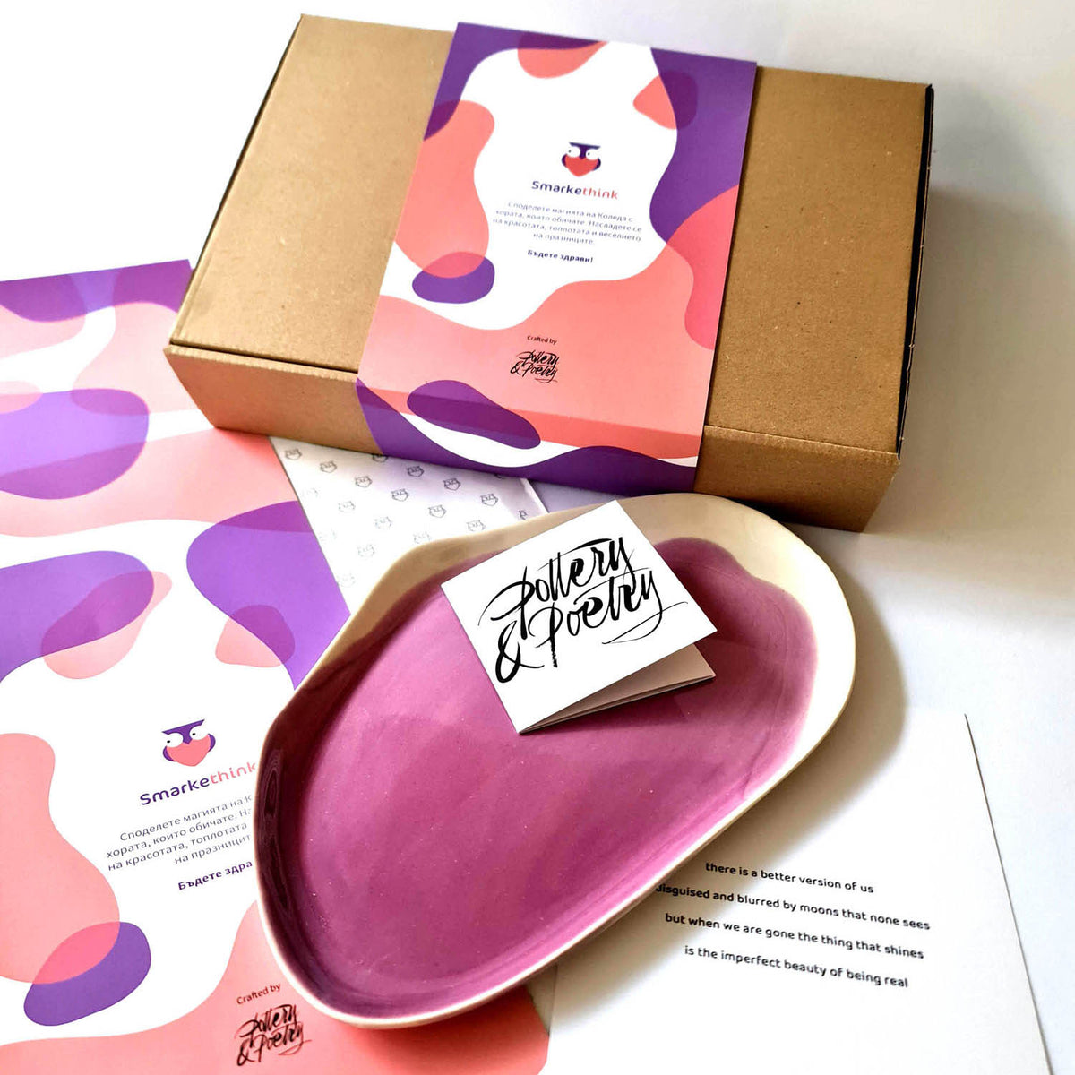 Pink handmade ceramic plate with illustrated corporate gift packaging