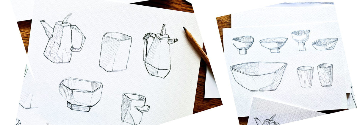 Pencil sketches of ceramic jugs, bowls and cups showing the design process behind the tableware