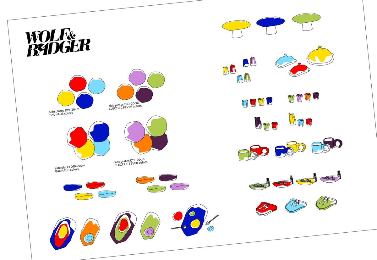 Design presentation for Wolf & Badger showing colourful porcelain tableware concepts