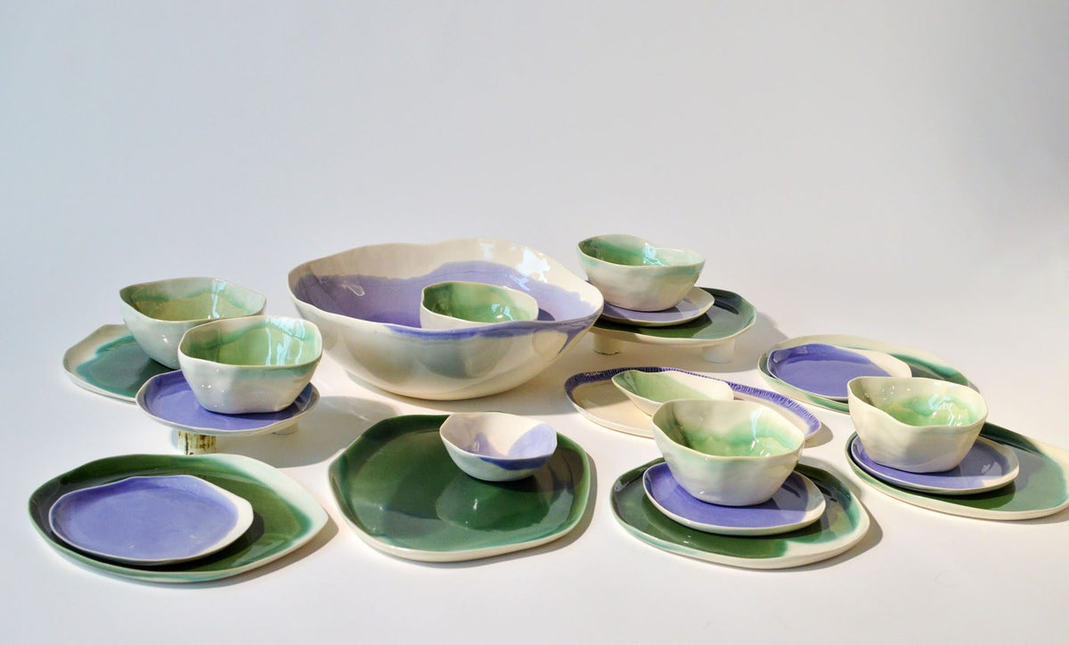 Customizable handmade porcelain dining set in lavender, sage and forest green glazes