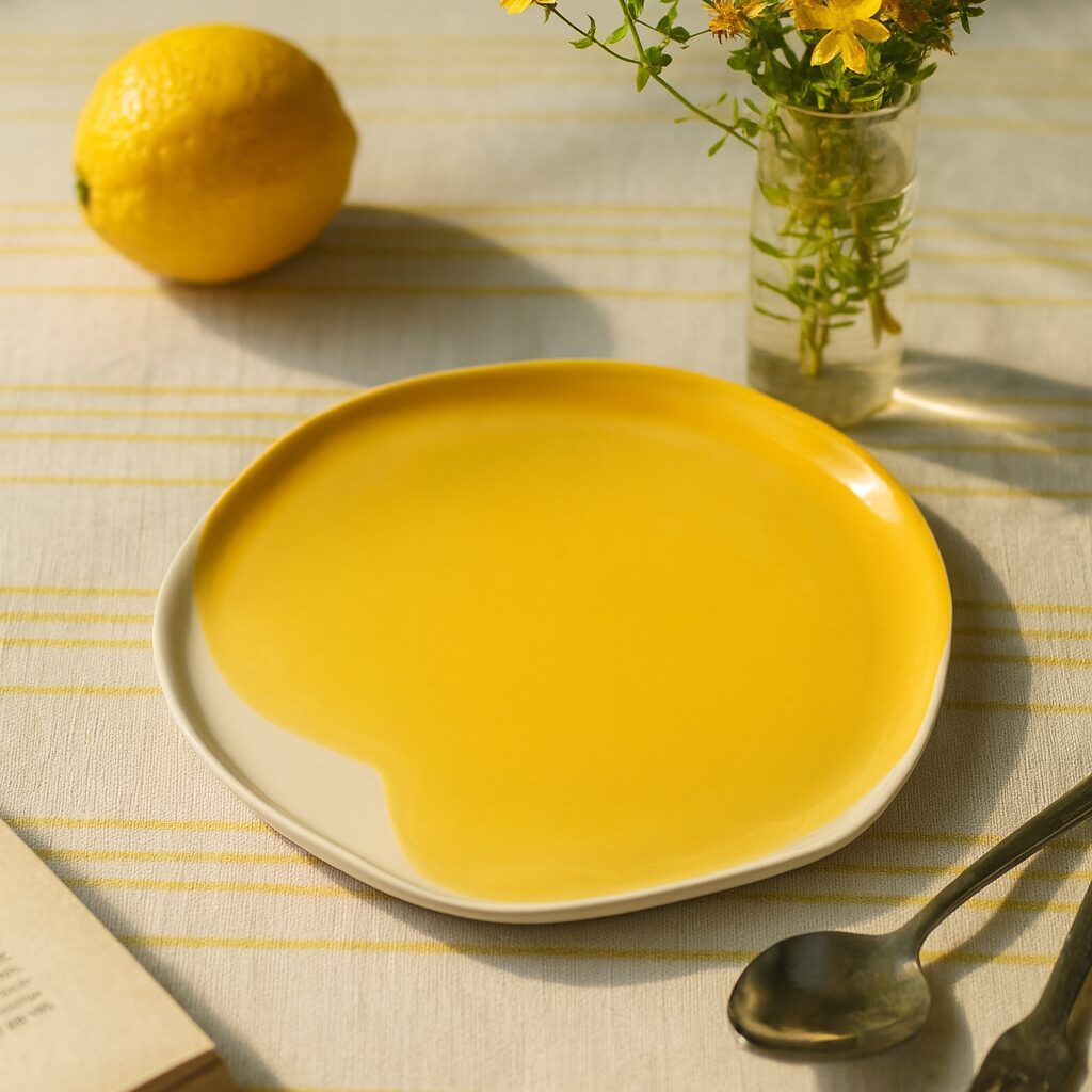 Yellow glazed ceramic dinner plate on a table beside a lemon