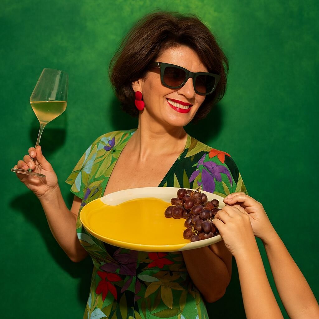 Woman holding a yellow handmade ceramic dinner plate with grapes