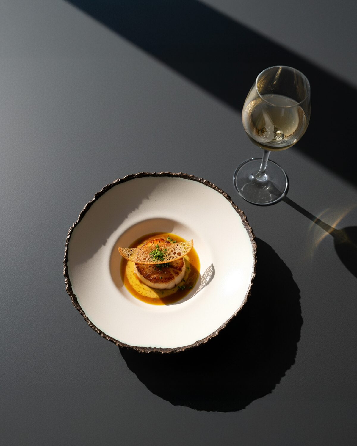 Handmade deep porcelain plate with bronze and green patina rim for restaurants – view 5