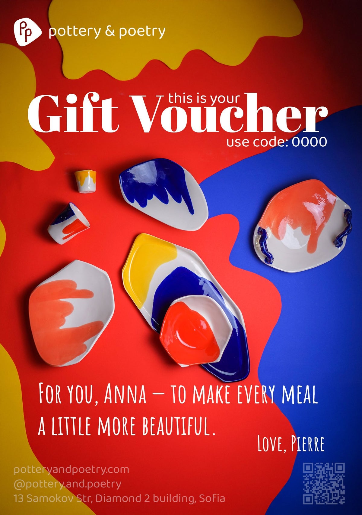 Pottery & Poetry gift voucher with Bauhaus tableware on red, blue and yellow backgrounds