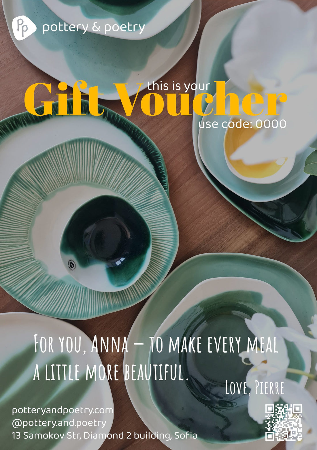 Pottery & Poetry gift voucher featuring textured green ceramic tableware