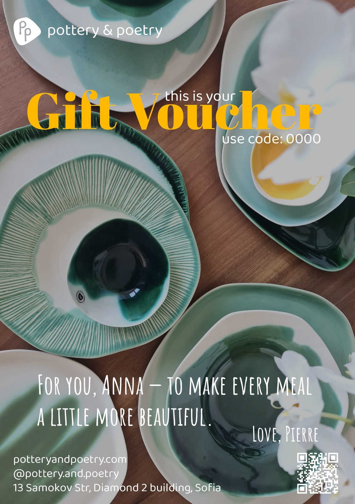 Pottery & Poetry gift voucher featuring textured green ceramic tableware