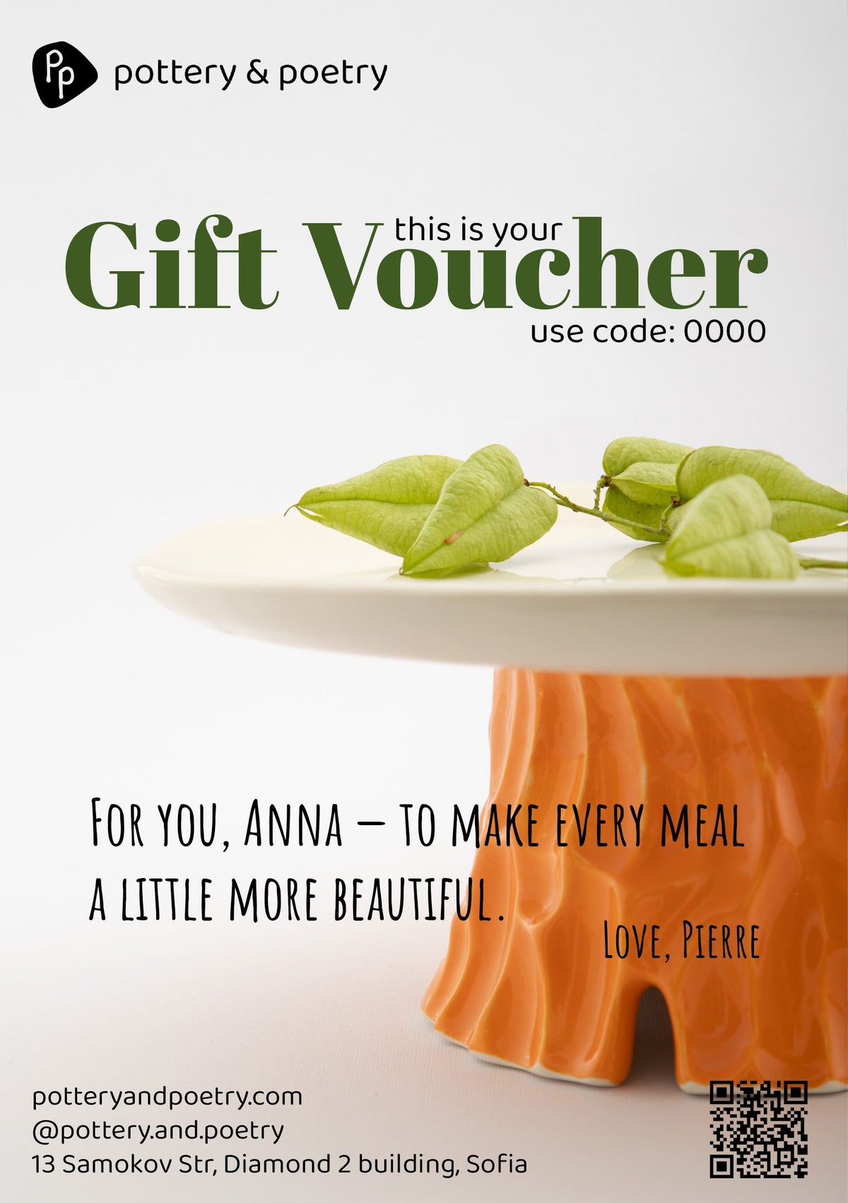 Pottery & Poetry gift voucher featuring a sculptural yellow ceramic pedestal bowl