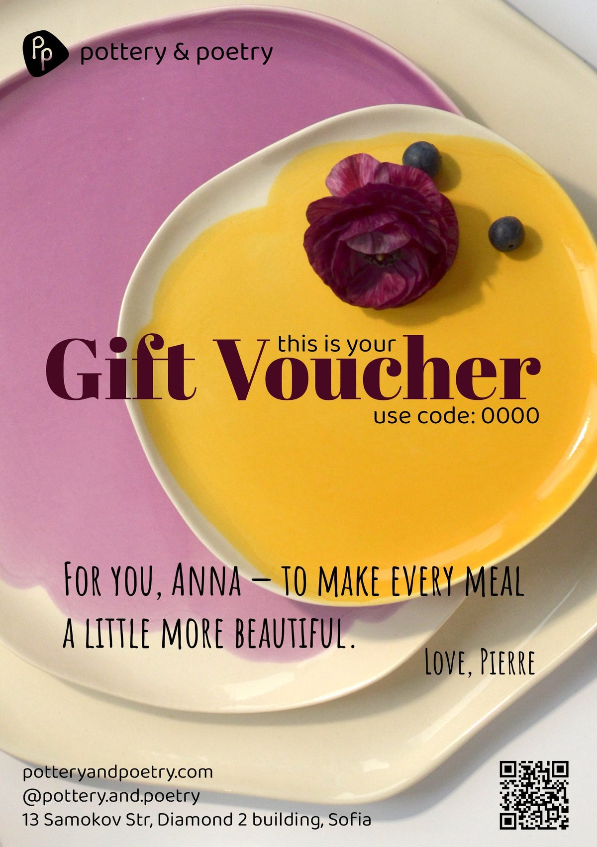 Pottery & Poetry gift voucher featuring yellow and ivory plates on a pink background