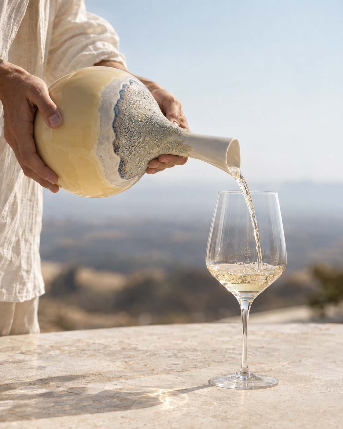 White wine poured from a cream Calassi ceramic vessel into a wine glass on a sunny terrace