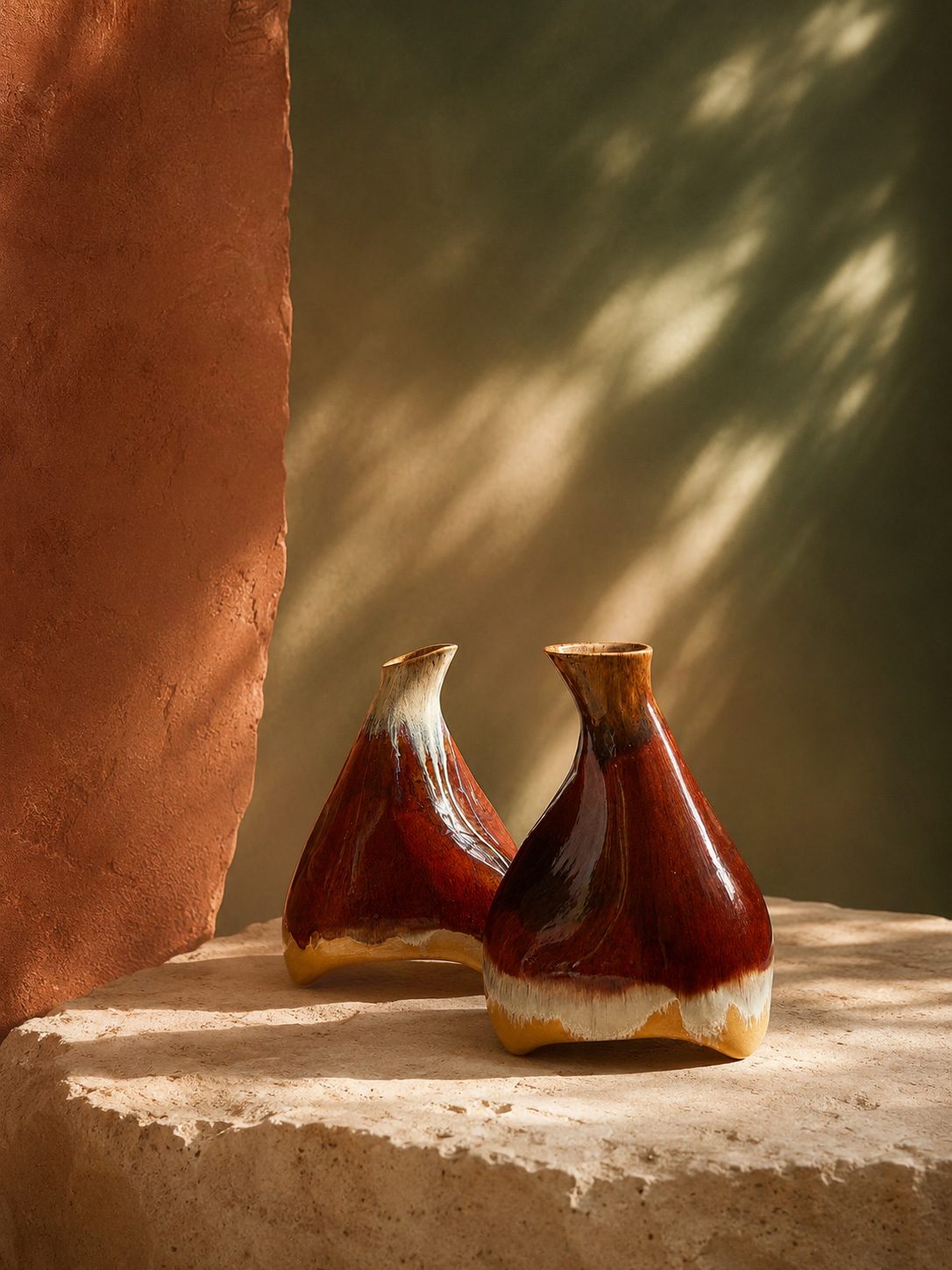Two Calassi collectible ceramic wine-serving vessels in glossy red-brown glaze on a sunlit stone plinth