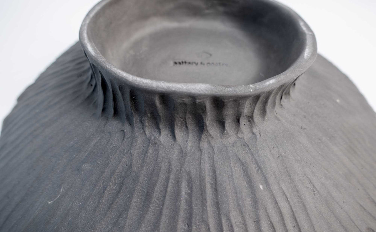 Underside of the Legged Plate from Black Clay with ribbed matte black clay and stamped foot