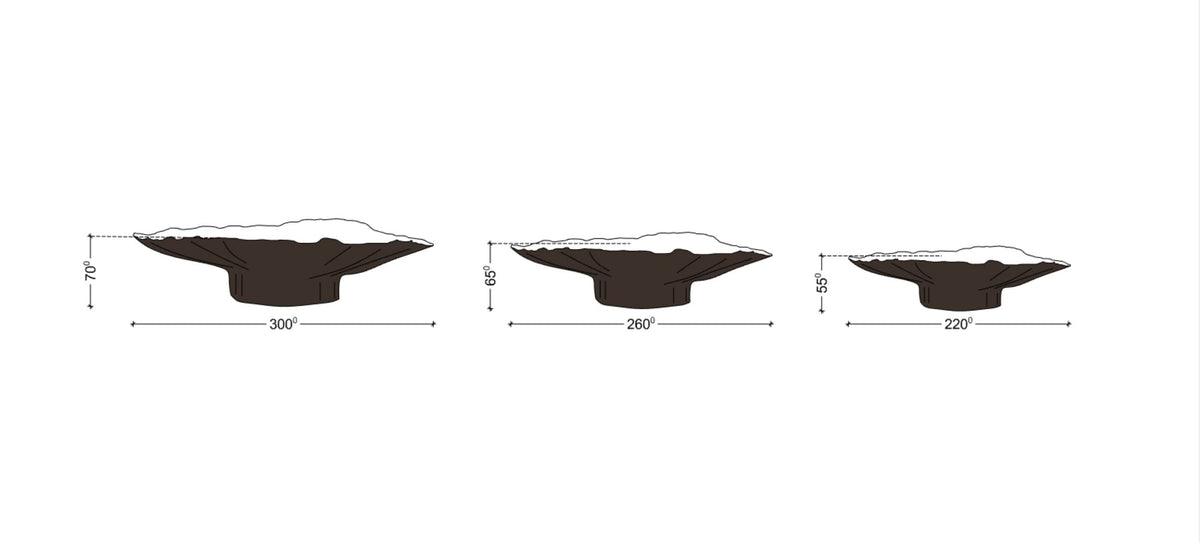 Dimension drawing of the Legged Plate from Black Clay in three sizes, shown in side profile
