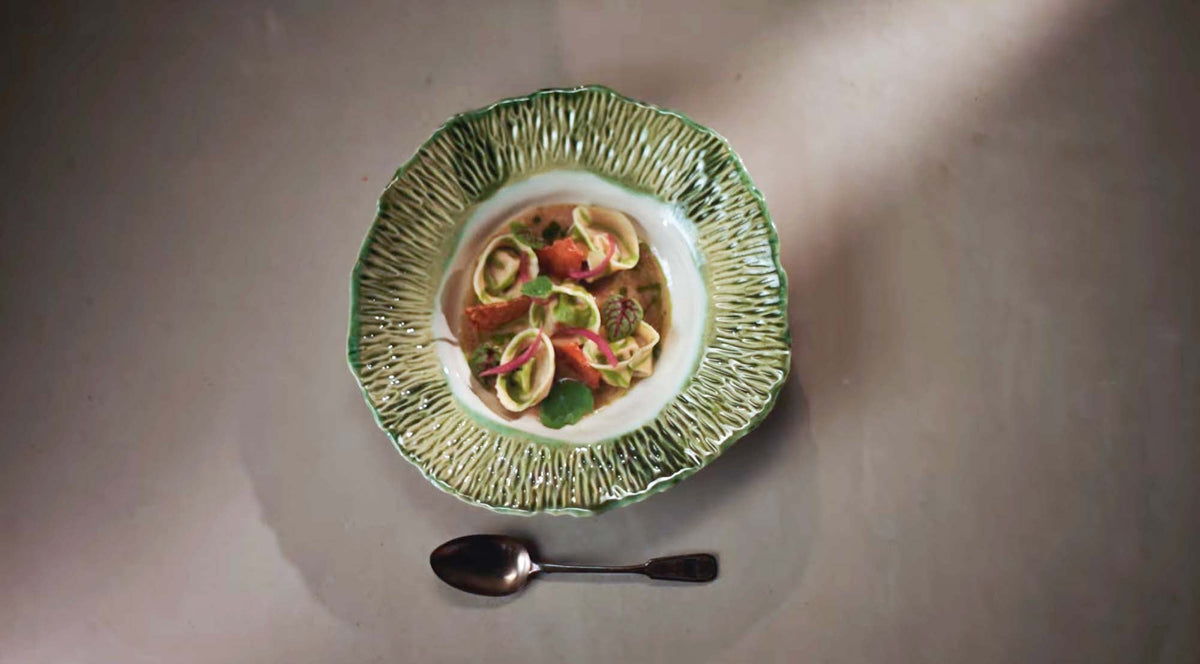 Tortellini in broth served in the green-rimmed porcelain plate