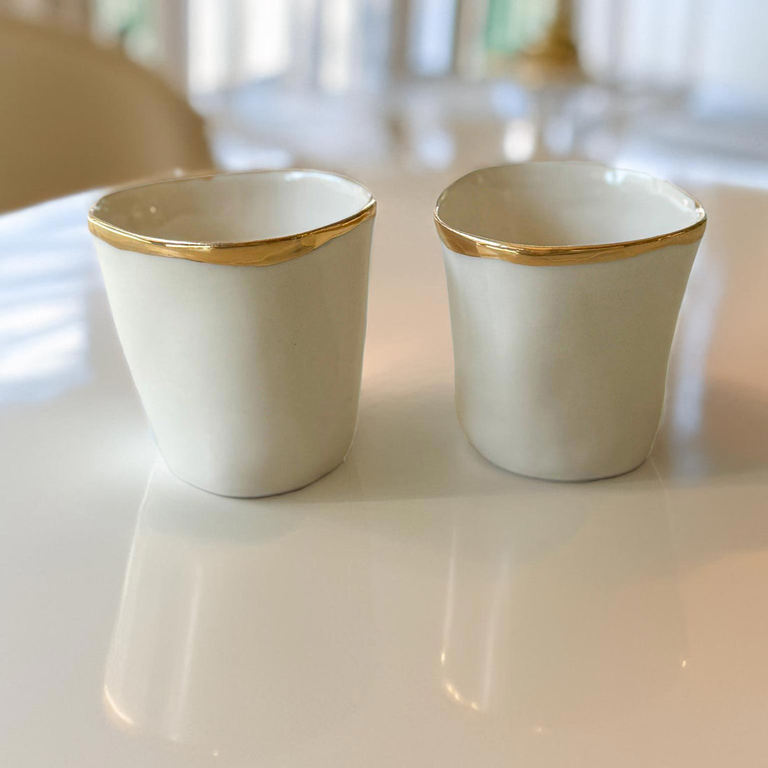 Handmade white porcelain cups with hand-painted gold rim, set of 2 – view 2