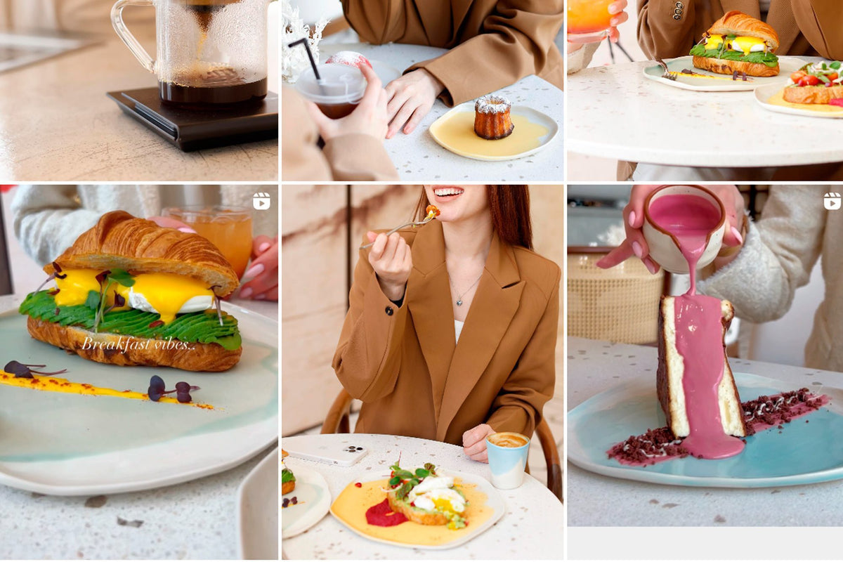 Grid of restaurant dishes and drinks served on custom handmade porcelain plates in soft colours