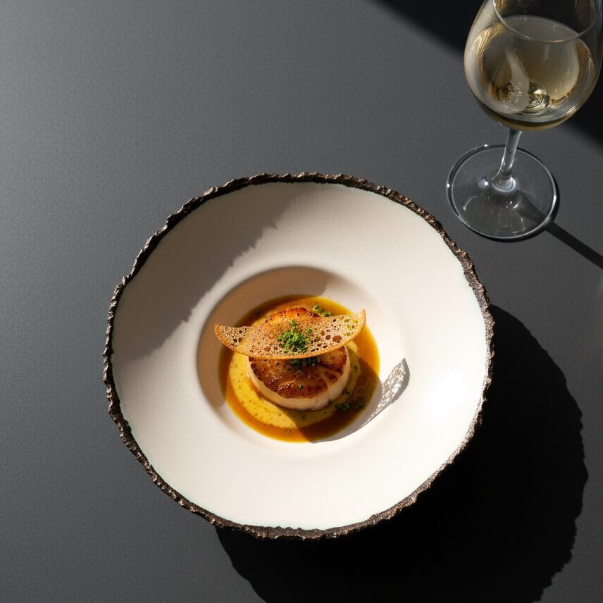 Custom restaurant plate with a white well and dark raw clay rim holding a fine dining dish