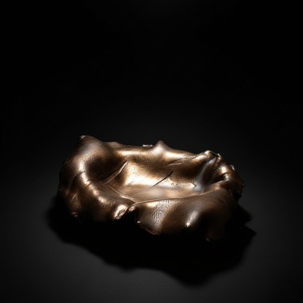 Sculptural metallic-glazed ceramic plate for restaurant service