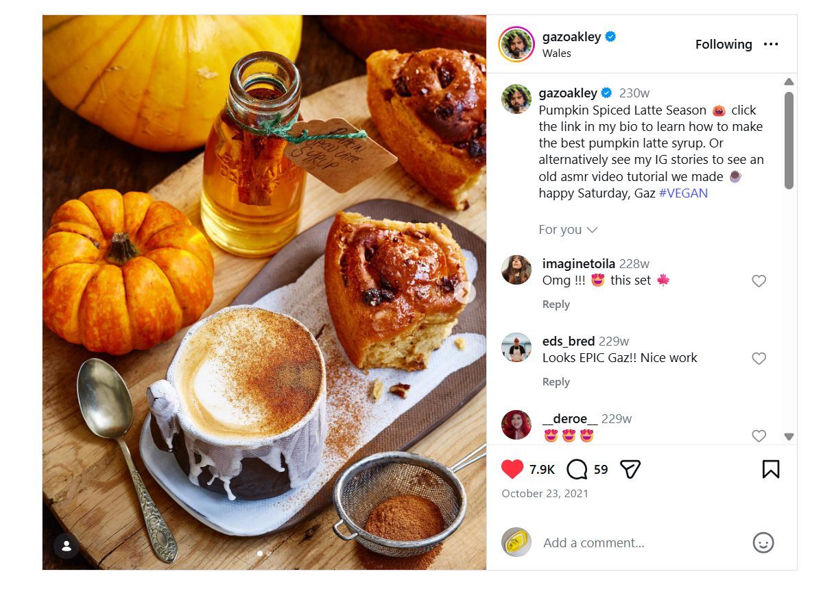Gaz Oakley Instagram post of a pumpkin spice latte and buns on handmade ceramic tableware